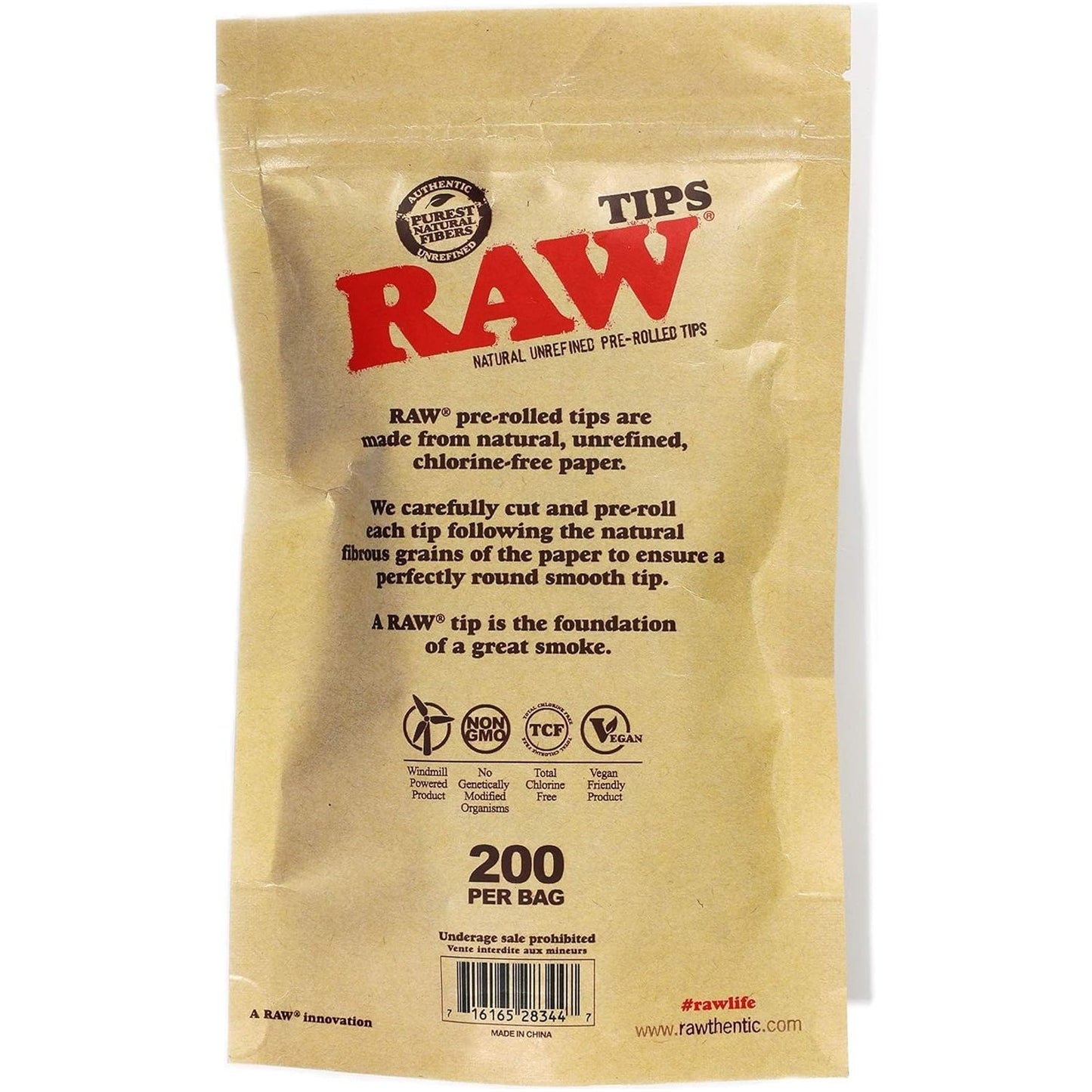 RAW Natural Unrefined Pre-Rolled Tips (Bag of 200)