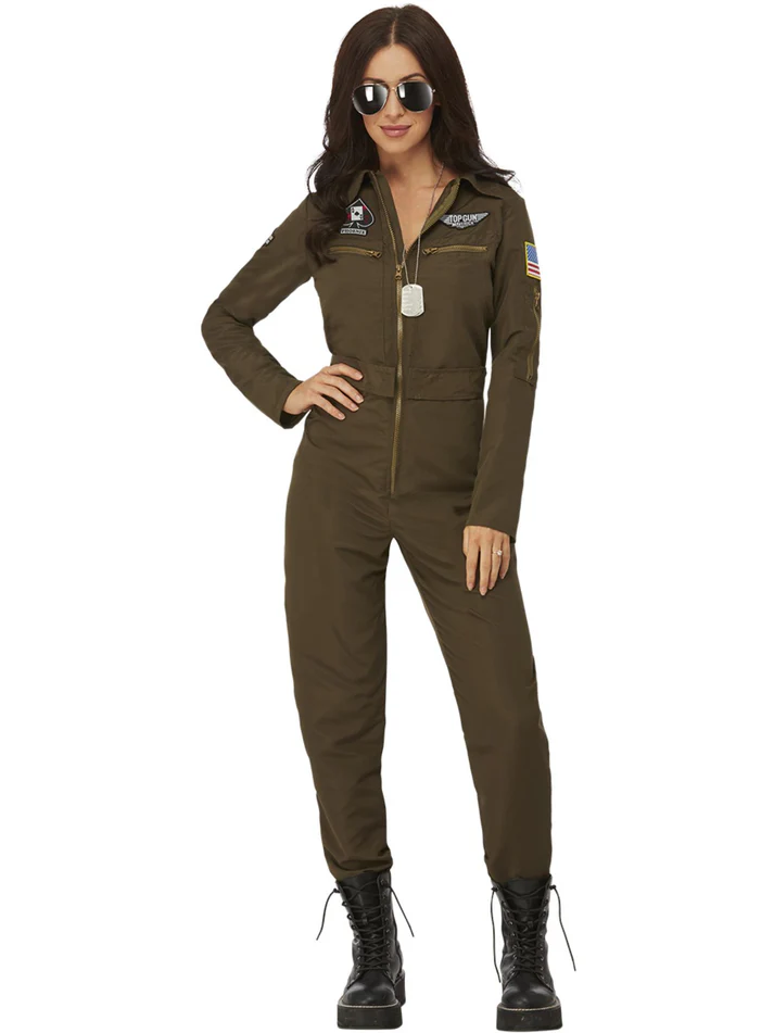 Smiffys Top Gun Maverick Ladies Aviator Costume, Green Adults Medium