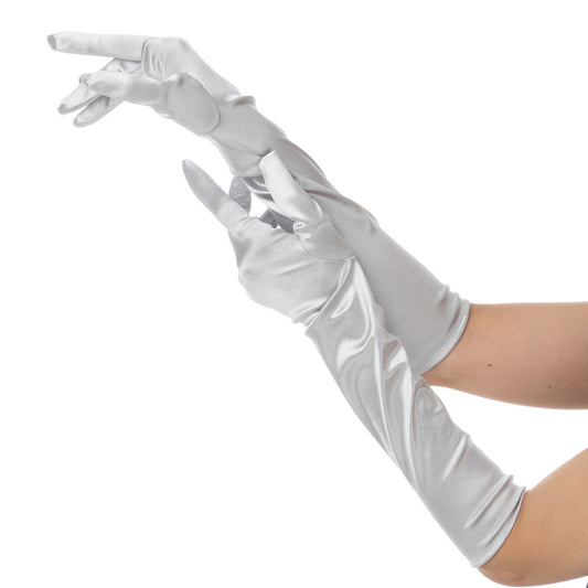 Silver Long Satin Gloves