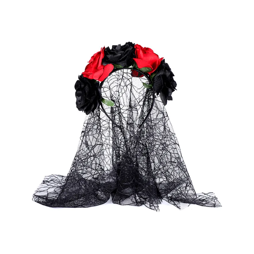 Black & Red Spider Veil & Roses Headband