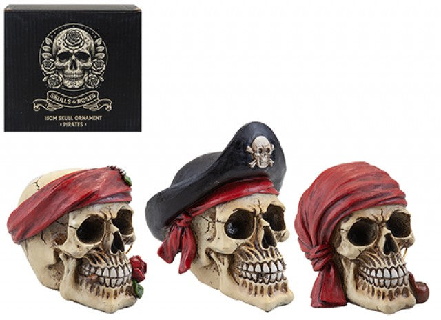 SKULL ORNAMENTS - PIRATES 15CM 3 ASSORTED