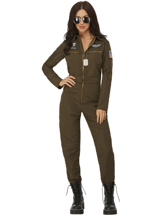Smiffys Top Gun Maverick Ladies Aviator Costume, Green Adults Medium